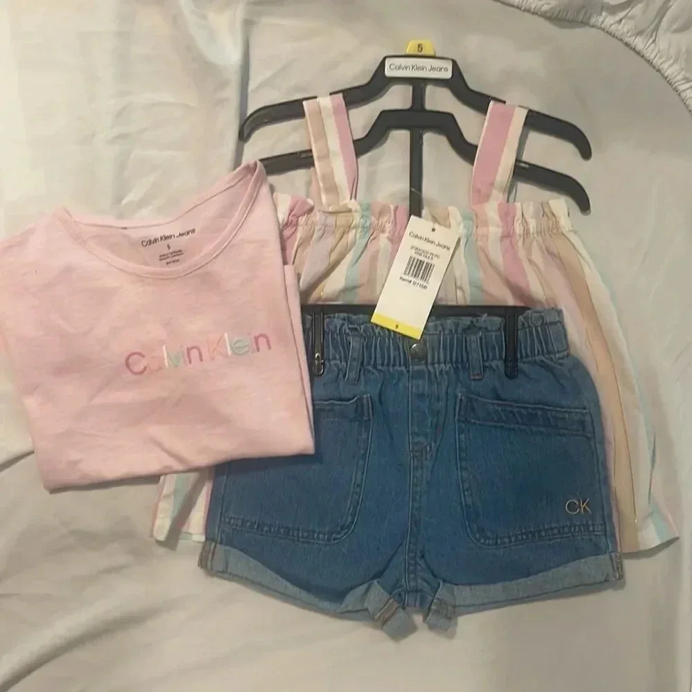 Calvin Klein pink 3 piece shirt set Jean Shorts Striped shirt #1